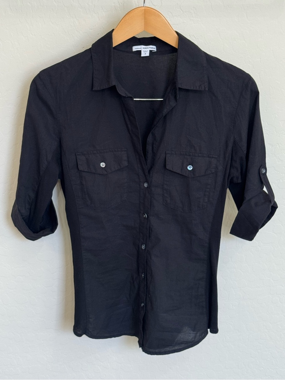 James Perse Black Sheer Slub Contrast Panel Roll-Tab Button-Down Shirt Size 3